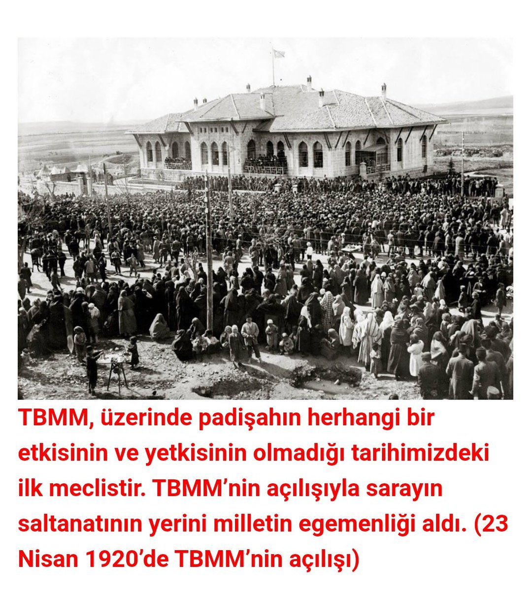 23 Nisan Ulusal Egemenlik ve Çocuk Bayramı'mız kutlu olsun.🇹🇷 23 Nisan 1920’de Ankara’da Mustafa Kemal Paşa'nın başkanlığında toplanan TBMM (o zamanki adıyla BMM) üzerine padişah gölgesi düşmeyen tarihimizdeki ilk meclistir.  TBMM, daha önceki meclislerimiz gibi egemenliğin,