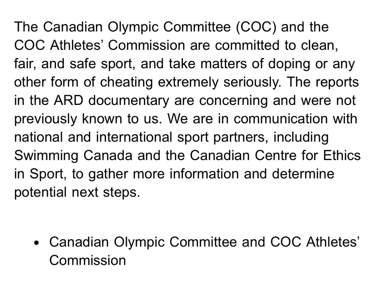 JUST IN The Canadian Olympic Committee and COC Athletes’ Commission issue this statement in the wake of 23 Chinese swimmers testing positive ahead of Tokyo Olympics. “The reports in the ARD documentary are concerning and were not previously known to us” Full statement: