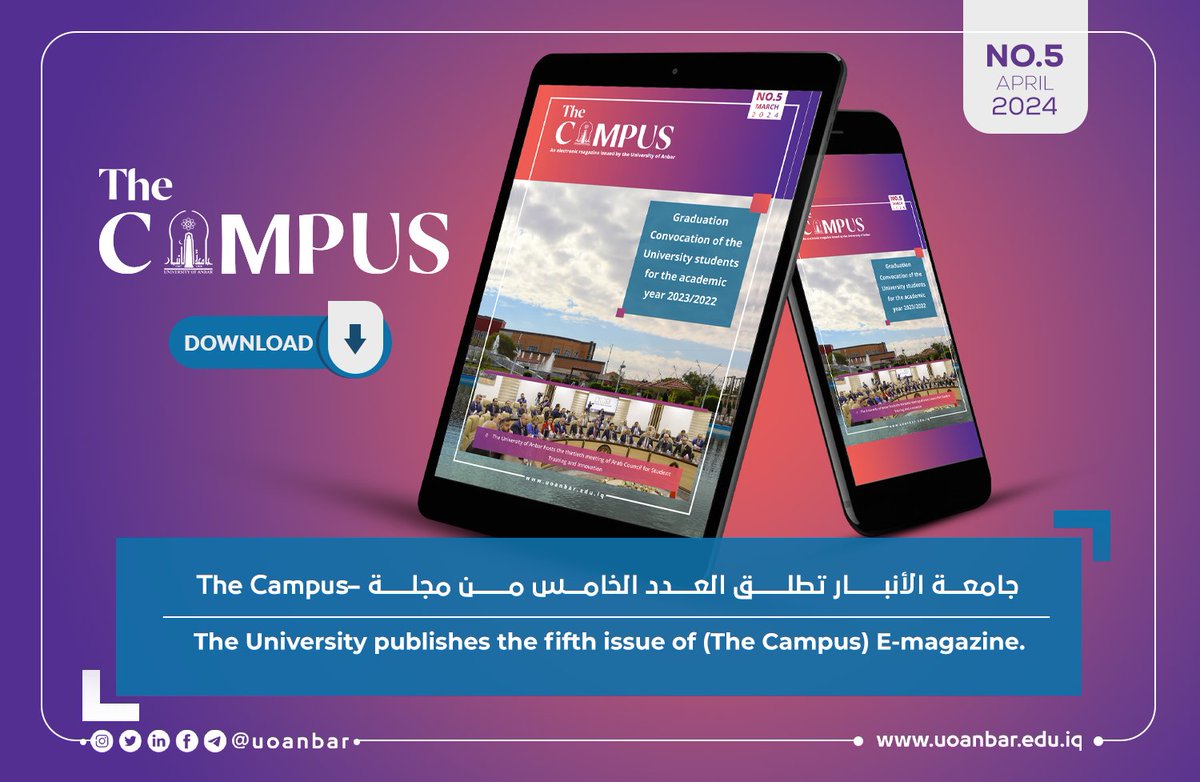 uoanbaredu's tweet photo. جامعة الأنبار تطلق العدد الخامس من مجلة –The Campus 
https://t.co/5AQsvlALFq
_ 
The University of Anbar publishes the fifth issue of (The Campus) E-magazine. 
https://t.co/KAARAPDcd8
مواقع أخرى لجامعة الأنبار: 
https://t.co/hrVCH6ugxw 
 
#university_of_anbar 
 
#جامعة_الأنبار https://t.co/Tcg4K6YBuk