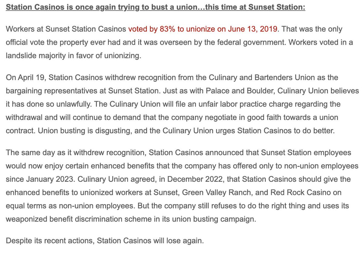 Culinary226's tweet photo. STATEMENT: @StationCasinos has a long & shameful history of anti-worker behavior, & of losing. #STNS is once again trying to bust a union…this time at @SunsetStation_.
Despite its recent actions, STNS will lose again. #UnionBustingIsDisgusting!
https://t.co/utoLz8TvQK $RRR https://t.co/YfMexCw6Is