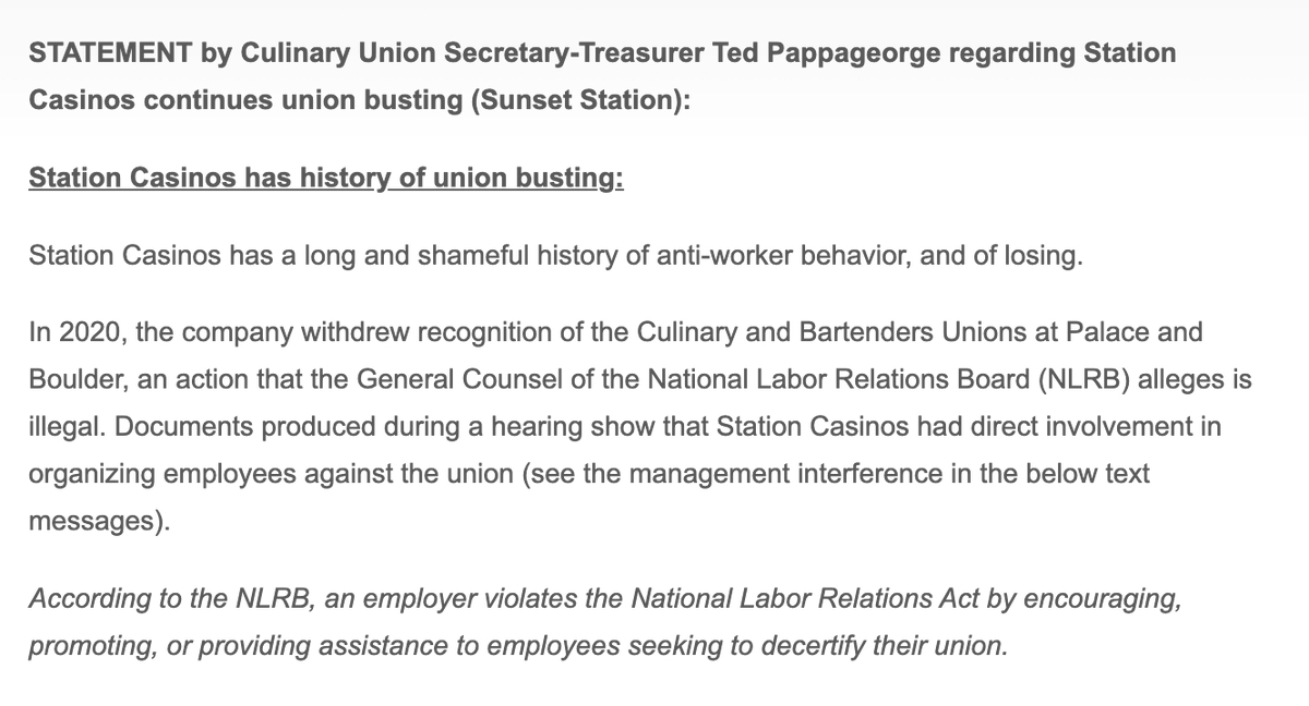 Culinary226's tweet photo. STATEMENT: @StationCasinos has a long & shameful history of anti-worker behavior, & of losing. #STNS is once again trying to bust a union…this time at @SunsetStation_.
Despite its recent actions, STNS will lose again. #UnionBustingIsDisgusting!
https://t.co/utoLz8TvQK $RRR https://t.co/YfMexCw6Is
