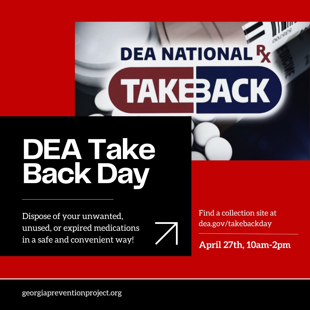 The 26th National DEA Take Back Day is this Saturday, April 27th! This event serves as an opportunity for community members to safely dispose of their unwanted medications, and prevent them from falling in to the wrong hands. Learn more at dea.gov/takebackday

#prevention