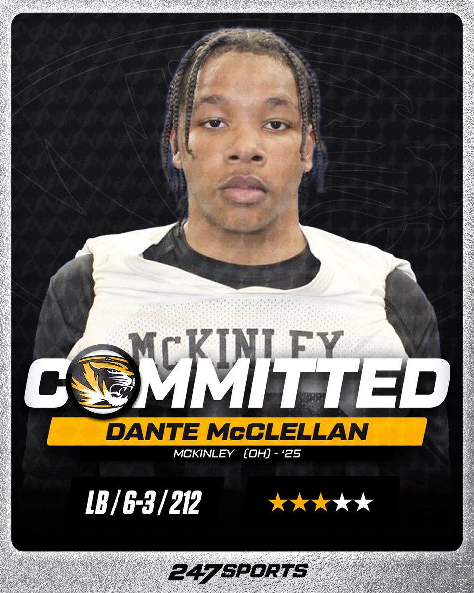 Missouri gets a commitment from Canton (Ohio) McKinley LB Dante McClellan.

He chooses them over other SEC and some Big Ten programs. 6'3, 212 and versatile, able to cover and play in the box.

“I feel the energy around campus and I love it.”

247sports.com/article/dante-…