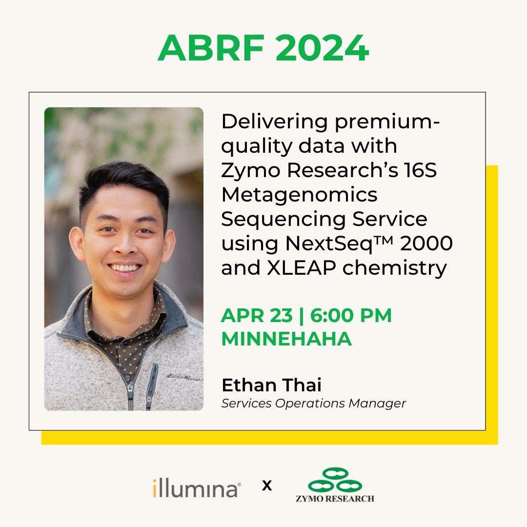 Join us in Minnehaha from 6 to 7 PM tomorrow at #ABRF2024, where @illumina will host a technology showcase featuring our Services Operations Manager, Ethan Thai. Explore our Microbiome Analysis Services: zymoresearch.com/pages/microbio…