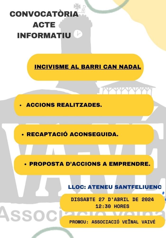 AssociacioVaive's tweet photo. Ens veiem tothom que busquem un barri + cívic i solidari amb qui pateix l’incivisme d’uns quants … https://t.co/Qk5rYnWDjP