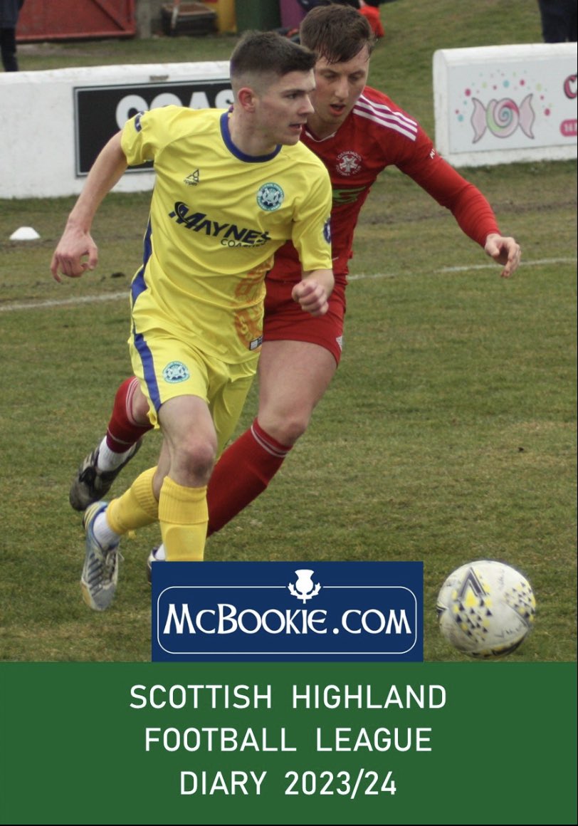 Provisional cover for the 2023/24 SHFL Diary, featuring Marcus Goodall of @BuckieThistle and Lewis Mcandrew of @lossiemouthfc. On sale in July!