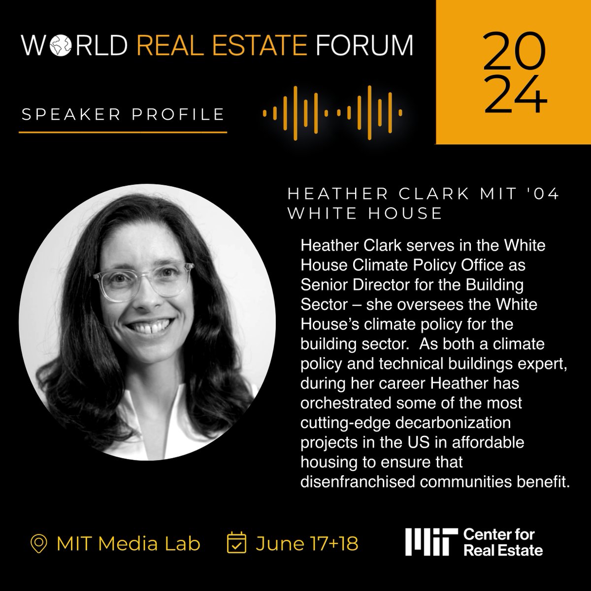 ⭐️ Heather T. Clark, Senior Director for the Building Sector in @POTUS #WhiteHouse Climate Policy Office, will keynote the #MITWorldREForum June 17+18! With expertise in #climatepolicy and building solutions, she leads groundbreaking #decarbonization projects nationwide.