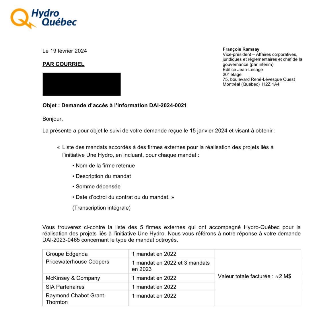 Le 2 février 2023, Hydro-Québec me répondait que «la firme McKinsey n’a aucunement été impliquée dans l’ajustement organisationnel 'Une Hydro'.» Un an plus tard, en réponse à une demande d'accès à l'information, on découvre que McKinsey avait été impliquée. La réponse de