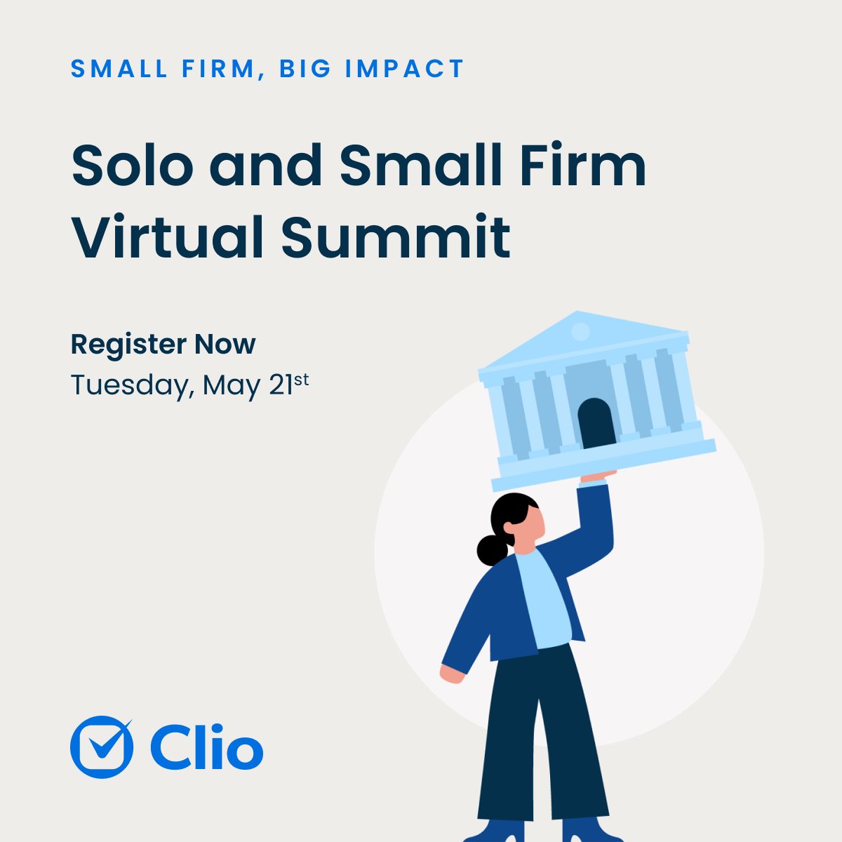 Clio’s 𝗦𝗼𝗹𝗼 𝗮𝗻𝗱 𝗦𝗺𝗮𝗹𝗹 𝗙𝗶𝗿𝗺 𝗩𝗶𝗿𝘁𝘂𝗮𝗹 𝗦𝘂𝗺𝗺𝗶𝘁 is returning on Tuesday, May 21 and you’re invited. 🗓️ Save your spot for this action-packed half-day event ➡️ bit.ly/448lwbD