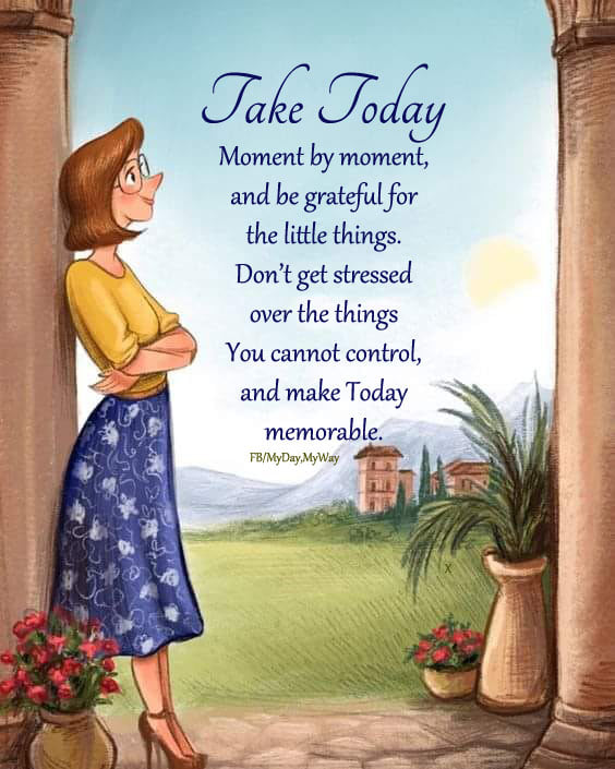 Take today moment by moment, and be grateful for the little things. Don't get stressed over the things you cannot control, and make today memorable. ~ #Inspiration