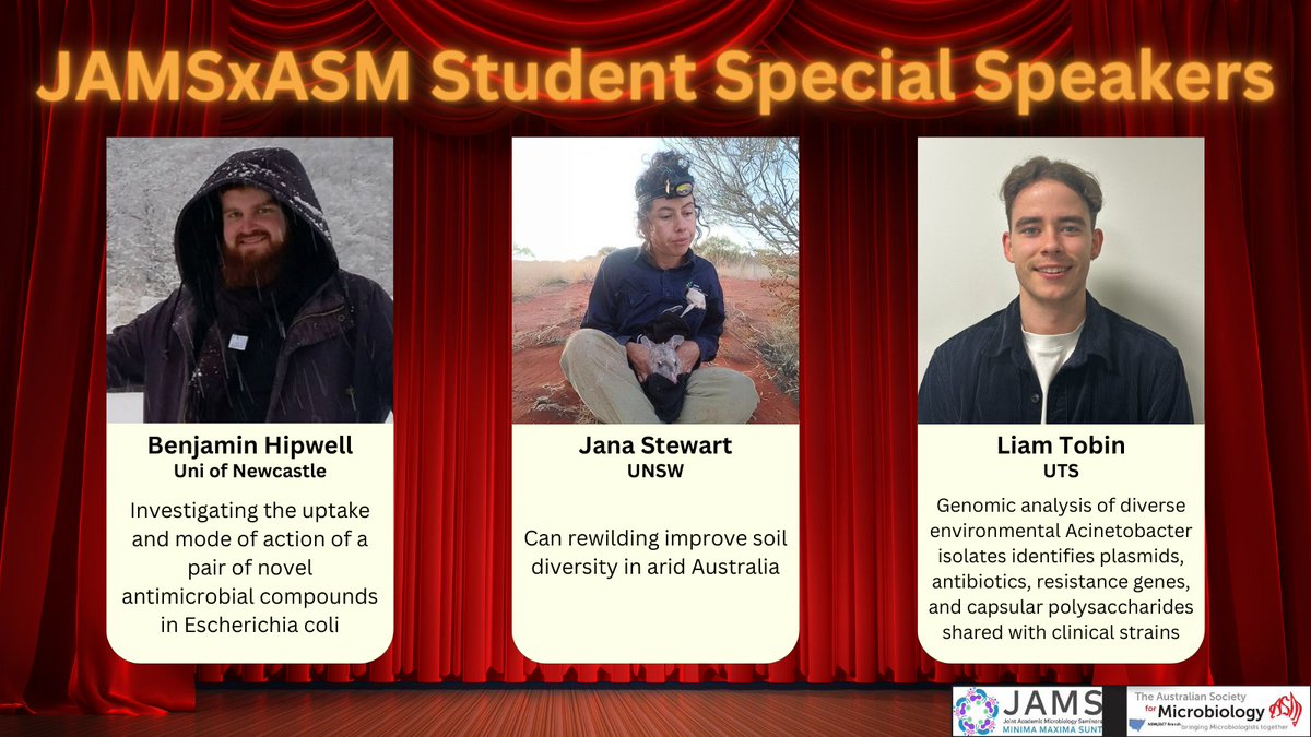 Take a sneak peak at the rest of the speakers for tonight's 🌟 JAMSxASM Student Special 🌟 (2/2) It's going to be a great night with 6 fascinating talks covering a diverse range of topics 🤩🦠🥳 #StudentSpecial #JAMSSyd #ASM #microbiology #students #PhD #seminar