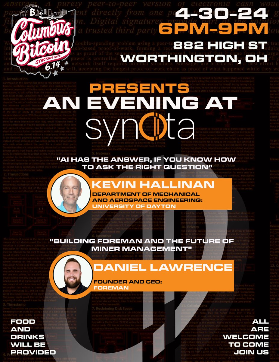 Columbus Bitcoin PhD (@columbusbitcoin) on Twitter photo I am happy to finally share the details of the next Columbus #Bitcoin meetup on 4-30 at 6:00 PM, hosted by the incredible team <a href="/Synota_/">Synota Inc</a>. Professor Kevin Hallinan of the University of Dayton will be discussing how generative AI is revolutionizing the world and its potential I am happy to finally share the details of the next Columbus #Bitcoin meetup on 4-30 at 6:00 PM, hosted by the incredible team <a href="/Synota_/">Synota Inc</a>. Professor Kevin Hallinan of the University of Dayton will be discussing how generative AI is revolutionizing the world and its potential