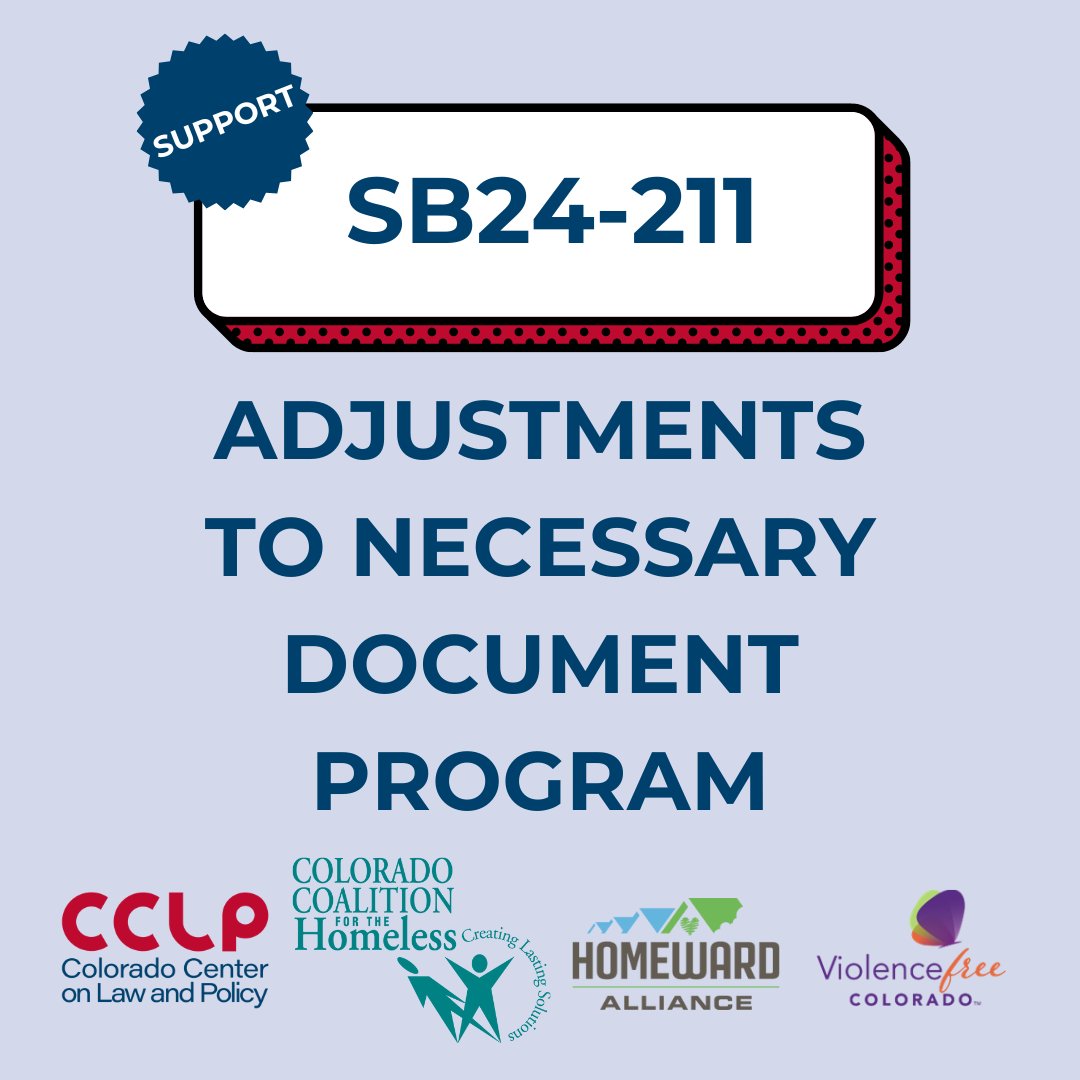 CCLP's final priority bill has been introduced: #SB211 Adjustments to Necessary Documents Program! #SB211 will remove the need for a physical voucher for IDs and allow participants to access these documents at the point of service. Learn about the bill: leg.colorado.gov/bills/sb24-211