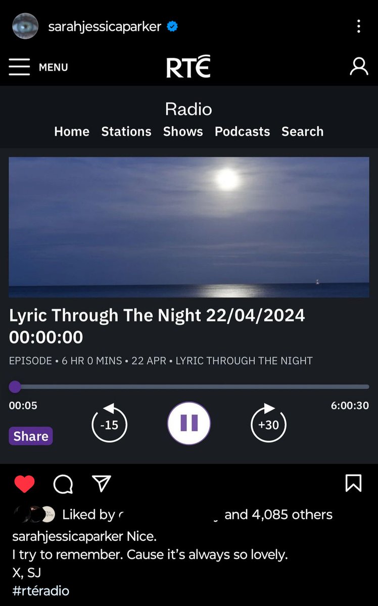 #SarahJessicaParker enjoying the lovely @RTElyricfm 🥰❤️