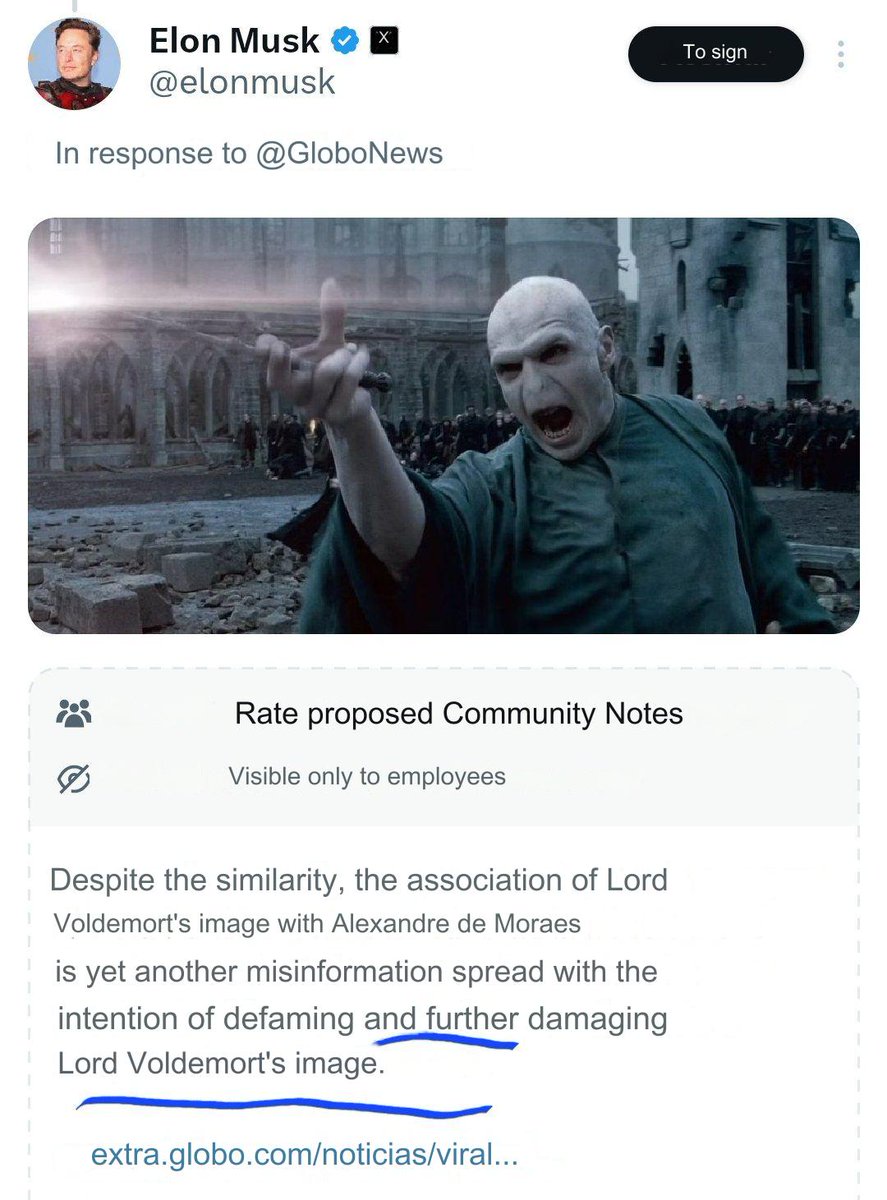 LMAO 🤣 People on X think @elonmusk's comparison of Brazil's supreme court justice to Voldemort is damaging Voldemort's reputation 🤡 _