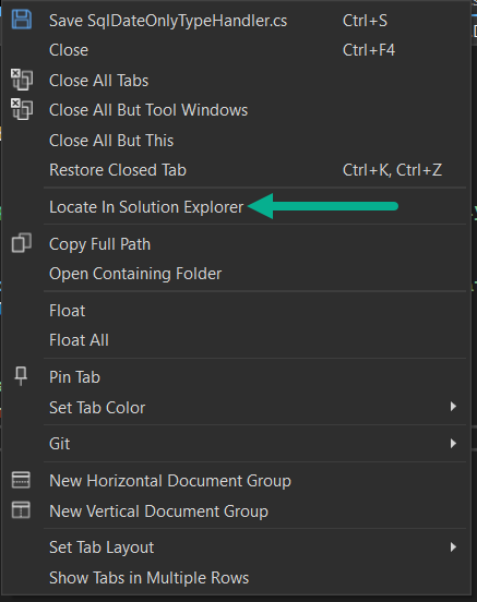 Would be nice to right click on an open tab window, select Locate in Solution Explorer.  I'm not a fan of track active item in Visual Studio, I know many are but not me.

#visualstudio #vs2022

This is from DPack extension.