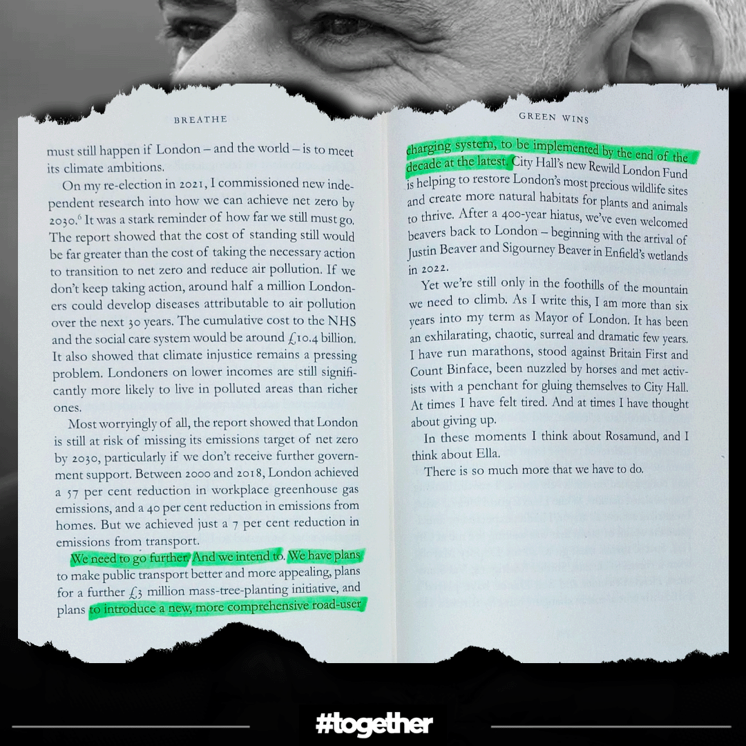 IN HIS OWN WORDS - KHAN’S PAY-PER-MILE PLANS: “We have plans… to introduce a new more comprehensive road-user charging system, to be implemented by end of the decade latest” - wrote @MayorofLondon in his own book, less than a year ago H/t @JAHeale #ULEZ