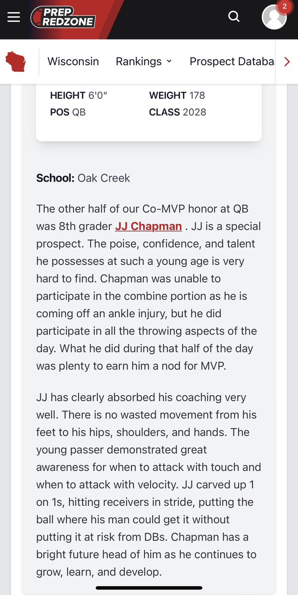 As the only middle school athlete in attendance at the Prep Redzone Wisconsin high school combine, I am truly honored and blessed to receive the QB MVP designation. I appreciate all of the coaches @MJ_NFLDraft and players and I can’t thank @NxtLevelAtx @QBCoachHolc enough for all