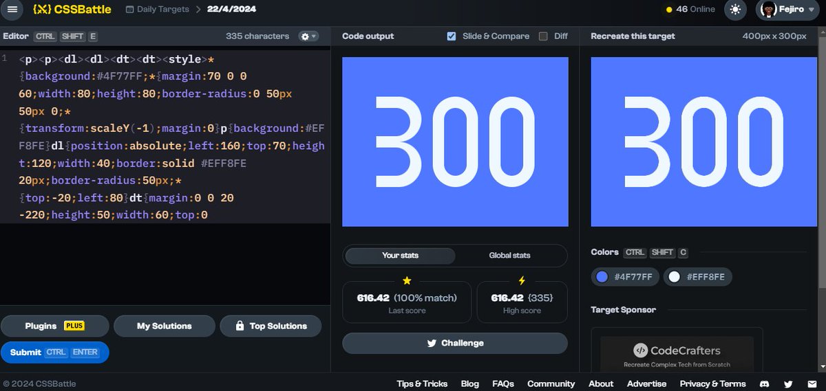 aberefejiro's tweet image. {⚔️} Day 7 of #CSSBattleDaily streak: Apr 22  — 616.42 score / 335 chars cssbattle.dev/play/Ugxqxs8su… via @css_battle 
Used more html tags than I would have liked.