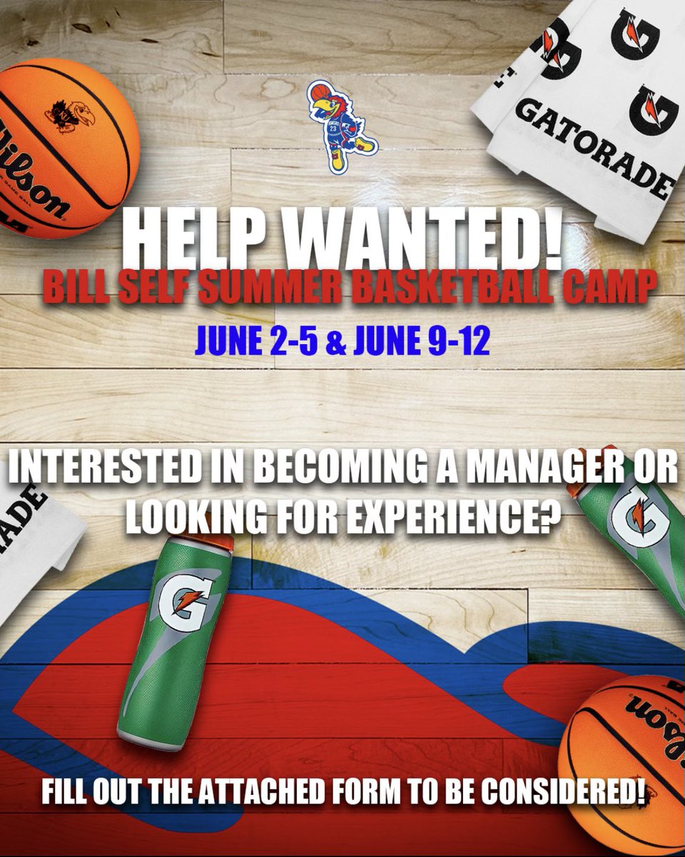 Interested in working @CoachBillSelf Basketball Camp this summer? Fill out the form below to be considered. Must be a college student 👇 forms.gle/8hQF1TsDoP1oCN…