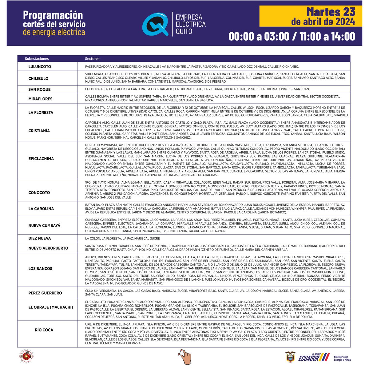 spermaradio_com's tweet photo. 🚨Atención, habrá dos cortes al día, estos son los #horarios de #corte de luz en #Quito para este martes 23 de abril de 2024.
Visiten la página de la @ElectricaQuito
#cortedeluzecuador #sinluz #spermaradio #Ecuador #fyp #viral #parati #luz #postviral #Descontrolec #alerta https://t.co/anCGDQmuUQ