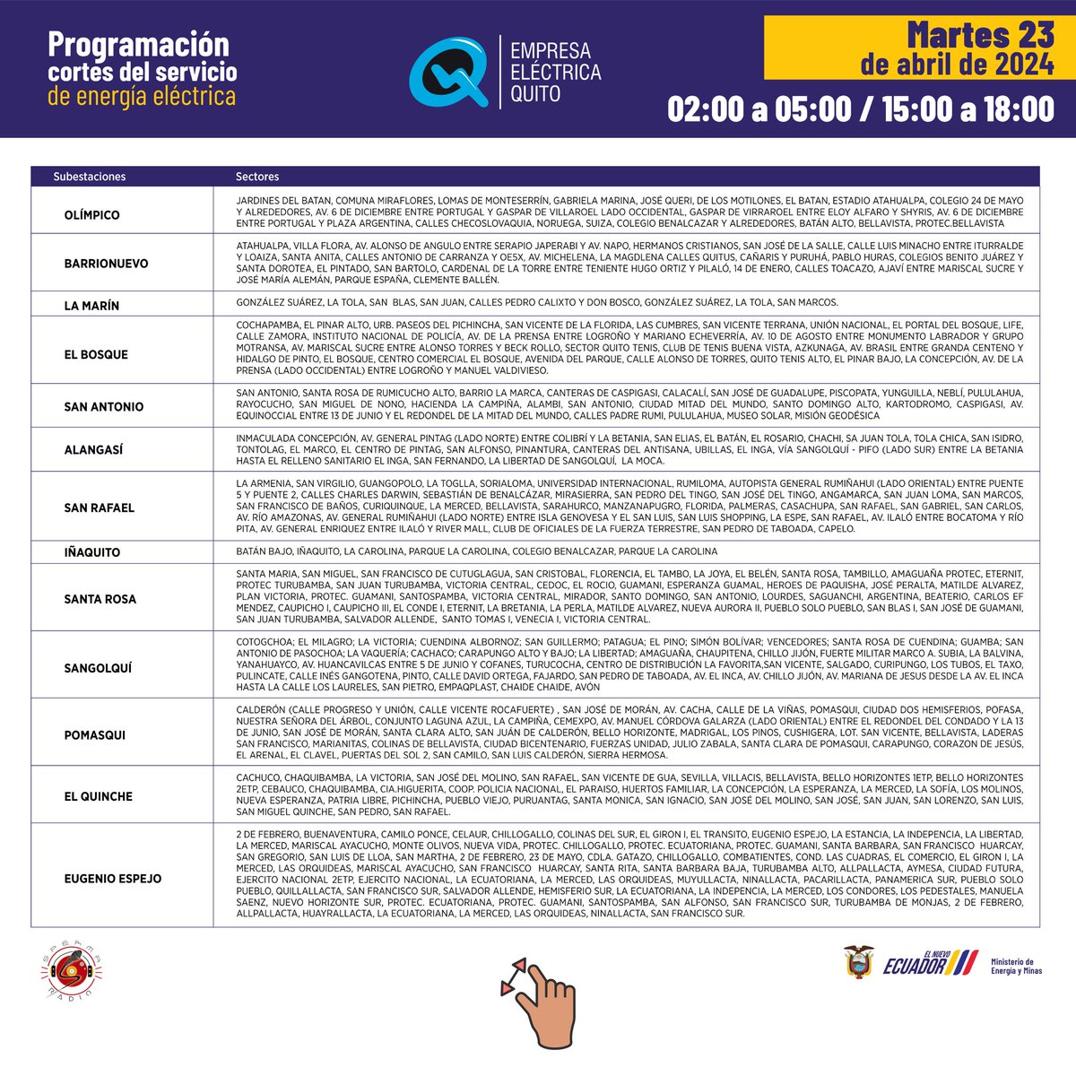 spermaradio_com's tweet photo. 🚨Atención, habrá dos cortes al día, estos son los #horarios de #corte de luz en #Quito para este martes 23 de abril de 2024.
Visiten la página de la @ElectricaQuito
#cortedeluzecuador #sinluz #spermaradio #Ecuador #fyp #viral #parati #luz #postviral #Descontrolec #alerta https://t.co/anCGDQmuUQ
