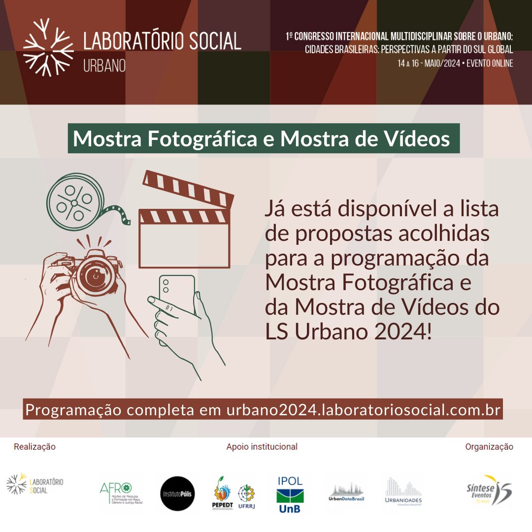 Com grande satisfação divulgamos a lista de trabalhos que irão compor as Exposições Fotográficas e Mostra de Vídeos do 1º Congresso Internacional e Multidisciplinar sobre o Urbano.
Confira em: 
urbano2024.laboratoriosocial.com.br