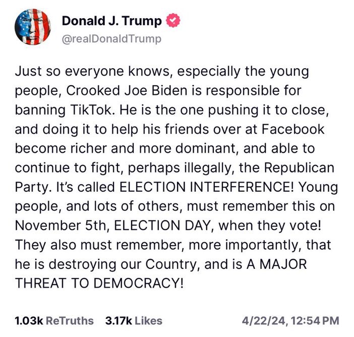 Donald Trump spent much of the last year of his presidency trying to ban TikTok. Here’s what he said on July 31, 2020: 'As far as TikTok is concerned, we're banning them from the United States.' Trump today: “Just so everyone knows…Biden is responsible for banning TikTok.”…