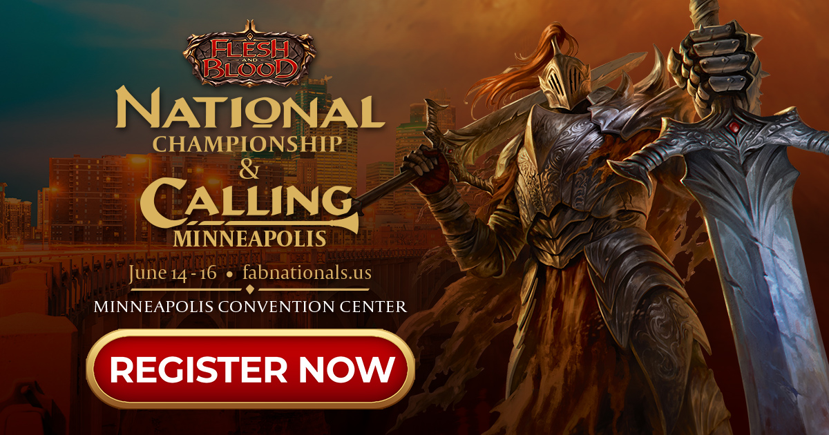 Join us June 14-16 for the Flesh and Blood National Championship, featuring The Calling - Minneapolis! 📣 ✔️ National Championship | $50K | Invite-only ✔️ The Calling | $20K | Open-entry ✔️ Battle Hardened ✔️ ProQuest+ ✔️ Tons of side events Register! 👇 hubs.li/Q02tHHkB0