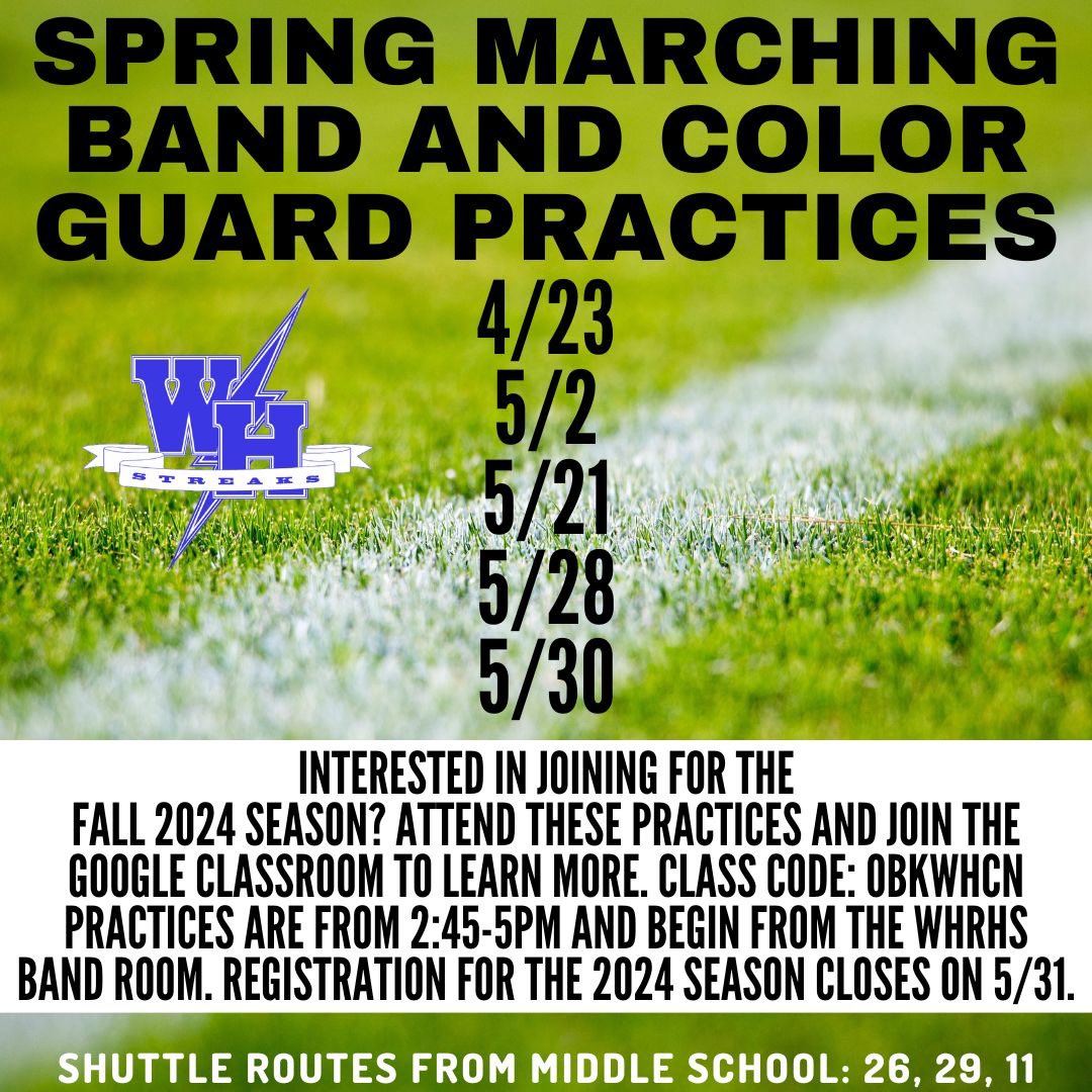 Marching Band Spring Practices for the 2024 season start tomorrow!