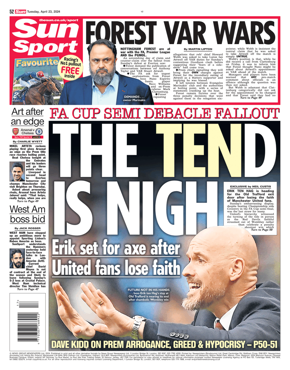 Tomorrow's @SunSport back page: THE TEND IS NIGH Erik set for axe after United fans lose faith | @ncustisTheSun |