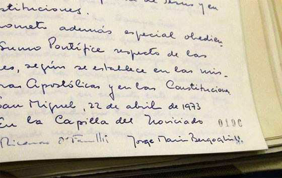 51 years ago today, Pope Francis pronounced his final vows as a #Jesuit. Pictured is his signature on his handwritten final vows.