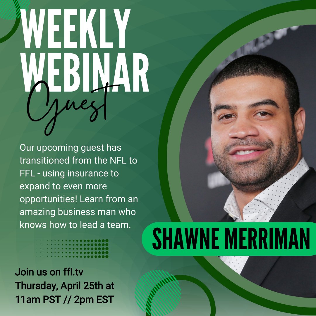 Put your hands together for our next guest, Former NFL All-Pro Linebacker, 𝗦𝗵𝗮𝘄𝗻𝗲 𝗠𝗲𝗿𝗿𝗶𝗺𝗮𝗻! Learn how he used insurance to start several other business after the NFL on ffl.tv at 11am PST // 2pm EST. #business #sales #tips #tricks