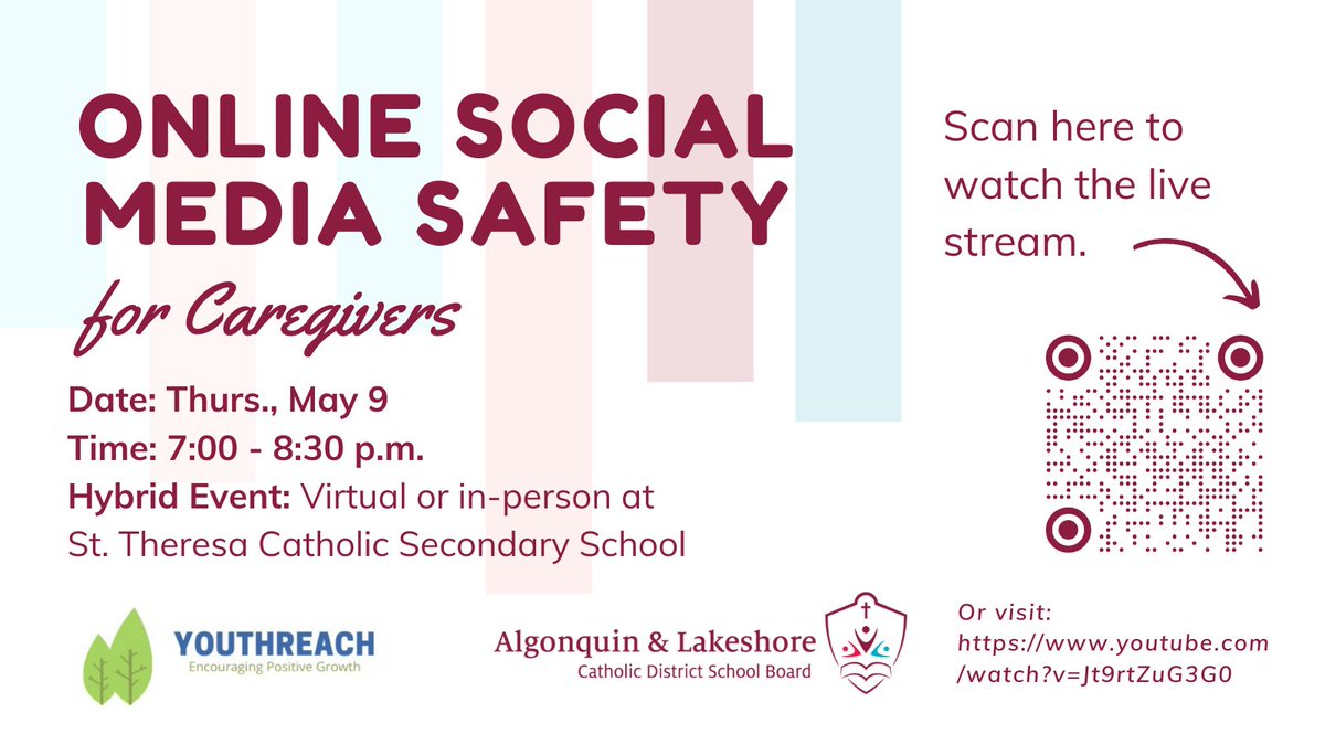 ALCDSB (@alcdsb) on Twitter photo ALCDSB families are invited to attend a special presentation by <a href="/stleonardcspr/">stleonardcspr</a> on Online Safety for Caregivers on Thurs., May 9 from 7-8:30 pm. This event can be attended in person at <a href="/StTSecondary/">St. Theresa Catholic Secondary School</a> or online by visiting: youtube.com/watch?v=Jt9rtZ… ALCDSB families are invited to attend a special presentation by <a href="/stleonardcspr/">stleonardcspr</a> on Online Safety for Caregivers on Thurs., May 9 from 7-8:30 pm. This event can be attended in person at <a href="/StTSecondary/">St. Theresa Catholic Secondary School</a> or online by visiting: youtube.com/watch?v=Jt9rtZ…