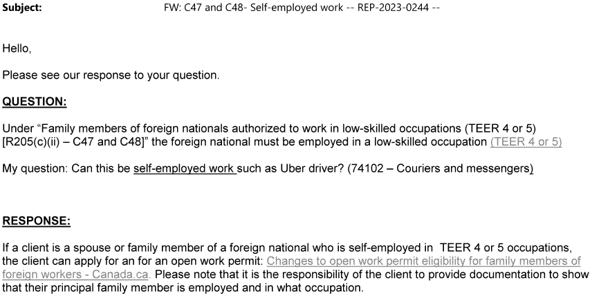 IRCC REP Q&amp;A 2023-0244

Question: Can the spouse of a self-employed foreign worker in Canada, such as an uber driver, get an open spousal work permit? 

Answer: Yes.