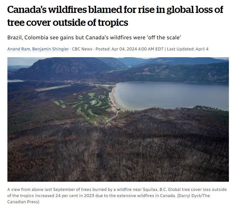 'Canada's wildfire season was the worst on record with 5x more #tree cover lost due to fire in 2023 than in 2022. Experts say drought & hot temperatures made more likely by climate change created the conditions that resulted in Canada's historic season.'
#ClimateCrisis #Canada