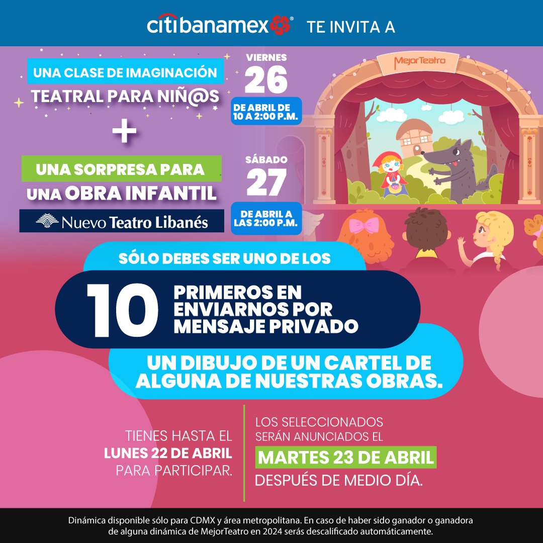 ¡ATENCIÓN! Últimos días para enviarnos tu dibujo y participar en una clase de imaginación teatral para niños/as y tener una gran sorpresa para una obra infantil.  🔥 ¡Participa y acompáñanos! 💙 #ExperienciasCitibanamex 🏦 @Citibanamex 🎭 #MejorTeatro