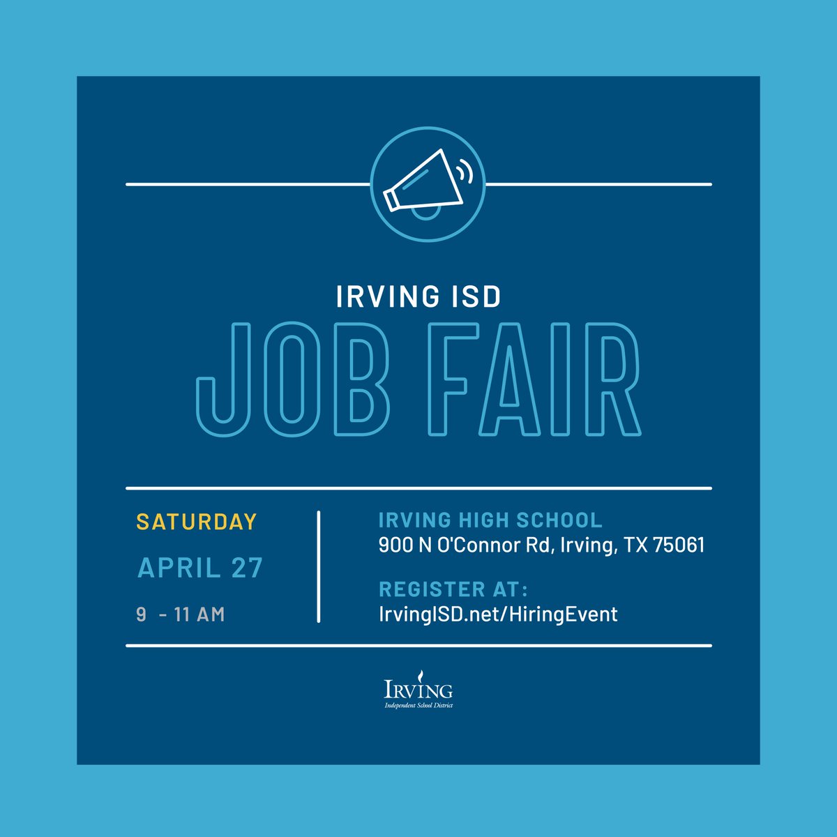 📢 Calling all educators, drivers, and facilities pros! Irving ISD will be hosting a job fair this Saturday. 🗓️ April 27, 9-11 AM 📍 Irving High School 👔 On-site Interview Opportunities Register today at IrvingISD.net/HiringEvent Your next career move starts here!🍎🚌