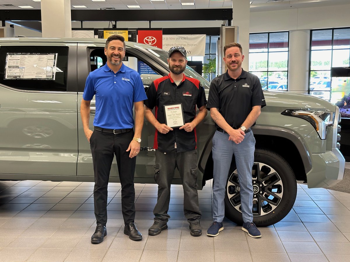 🎉🚗 We're celebrating a milestone moment here at Palmer's Toyota! 🥳 Congratulations to Joey Barnett for 15 years of dedication and hard work! 🌟 #MobileAL #OurPeopleMakeTheDifference #ProudOfOurTeam