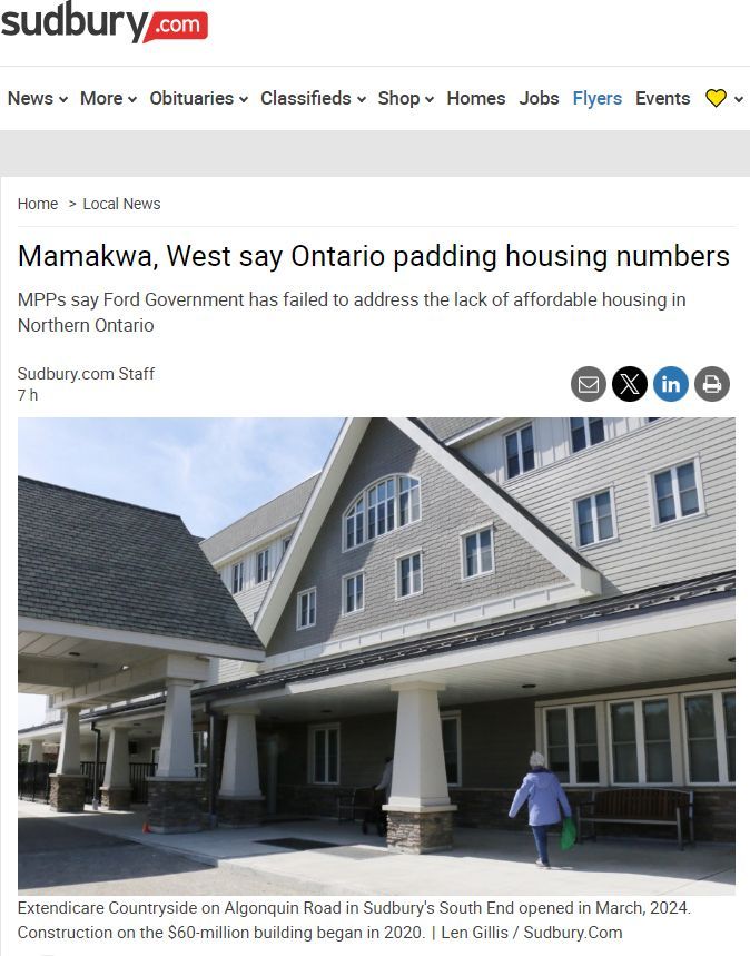 'Ford's lack of housing strategy is failing the people of Northern Ontario,' said West. 'Families want affordable brick-and-mortar houses & apartments, not accounting tricks to fudge that data.'