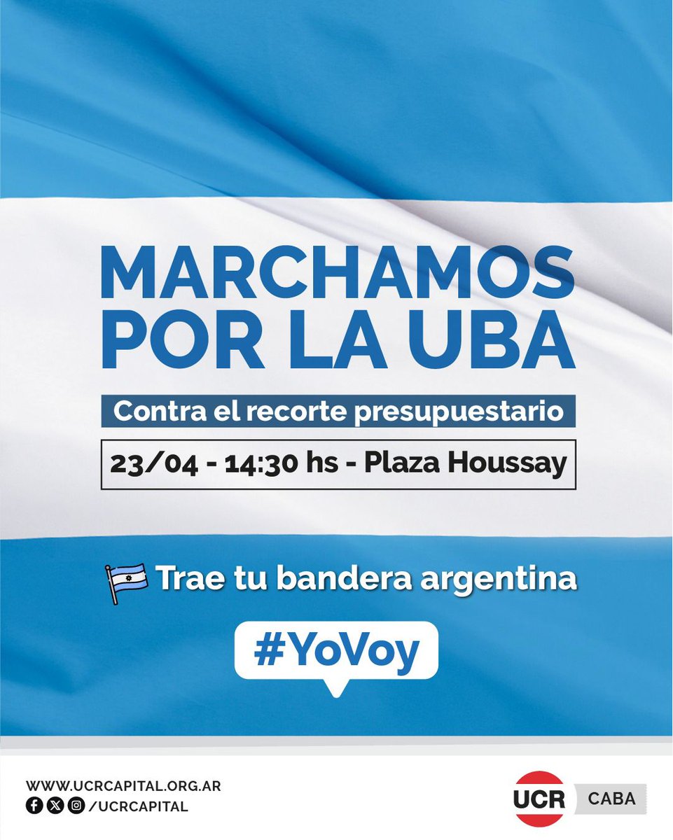 Mañana marchamos con una única bandera: la Argentina.

Los radicales de la capital acompañamos el reclamo en defensa de la UBA y nos sumamos para defender la educación pública y el prestigio internacional de nuestra universidad gracias a su excelencia.

📍14:30 hs. Plaza Houssay.