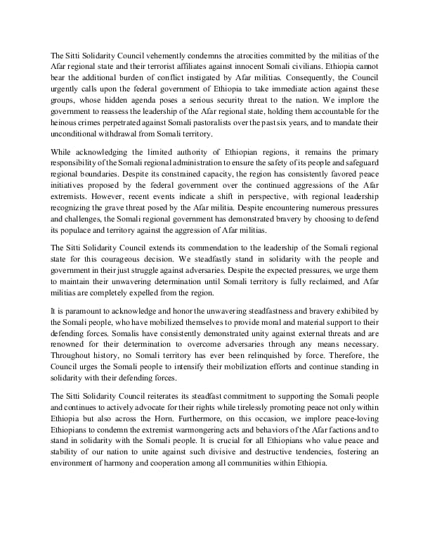CouncilSitti's tweet photo. Press Statement: Sitti Solidarity Council vehemently Condemned Afar Militias Aggression against Somali Civilians. #Sitti https://t.co/xG9SXB9u32