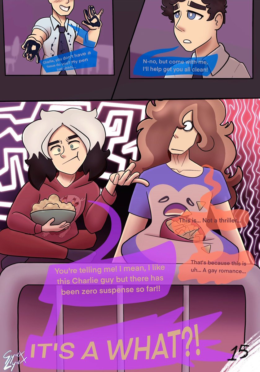 New pages every Monday! ✨💿Catching Feelings💿✨ Page 15! Me and @furyssu can tell you right now that this May be the calm before the storm. #gay #comic #pokemon