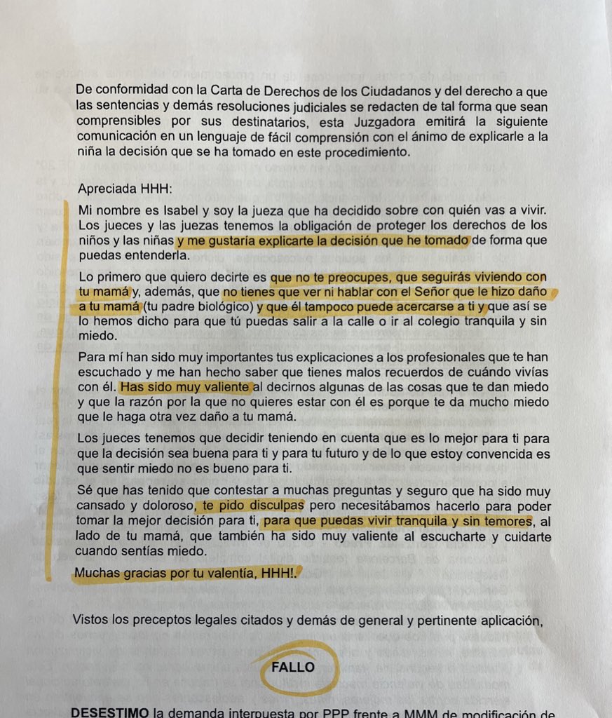 Y esta es la carta que ha escrito la magistrada Isabel Giménez a la niña explicándole su decisión. Leedla. @mujeresjuezas