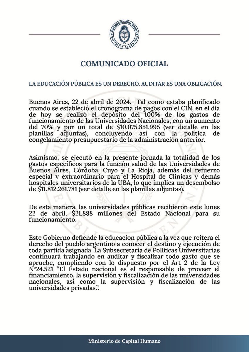 TommyShelby_30's tweet photo. 🚨🇦🇷 | AHORA

Se aprobó y pagó TODO lo que pedían las universidades, pero se les va a AUDITAR HASTA EL ÚLTIMO CENTAVO. Se acabo esto de currar con la educación. https://t.co/z7gv2jOOx1