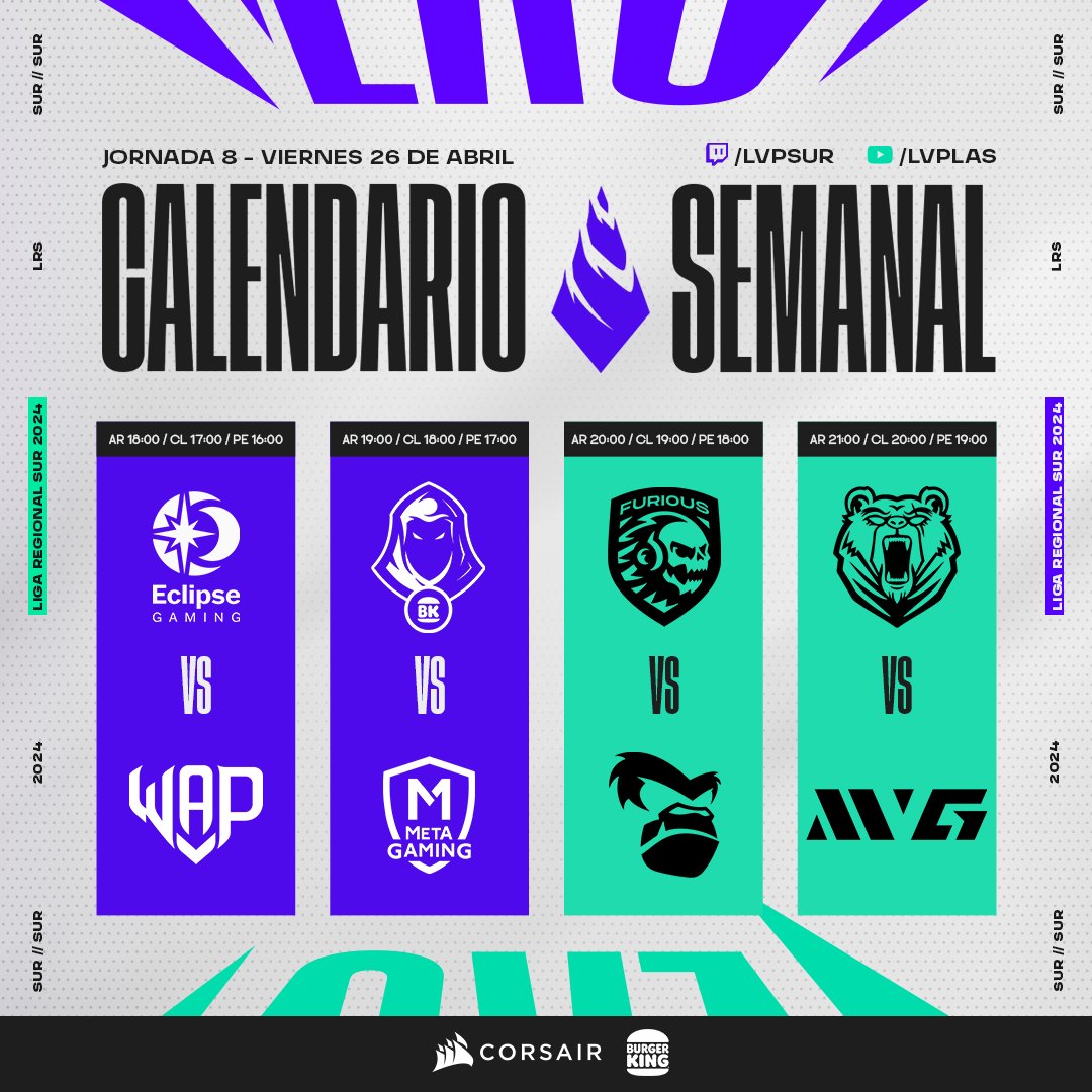 Mañana comienza una nueva semana en la #LRS 2024 y te queremos compartir los enfrentamientos que se vienen 😉⚔️

¡Los esperamos a todos! 
MAÑANA ➡️ ⏰18HS 🇦🇷/ 17HS 🇨🇱 /16HS🇵🇪
💻 Twitch - LVPSur | YouTube- LVPLas