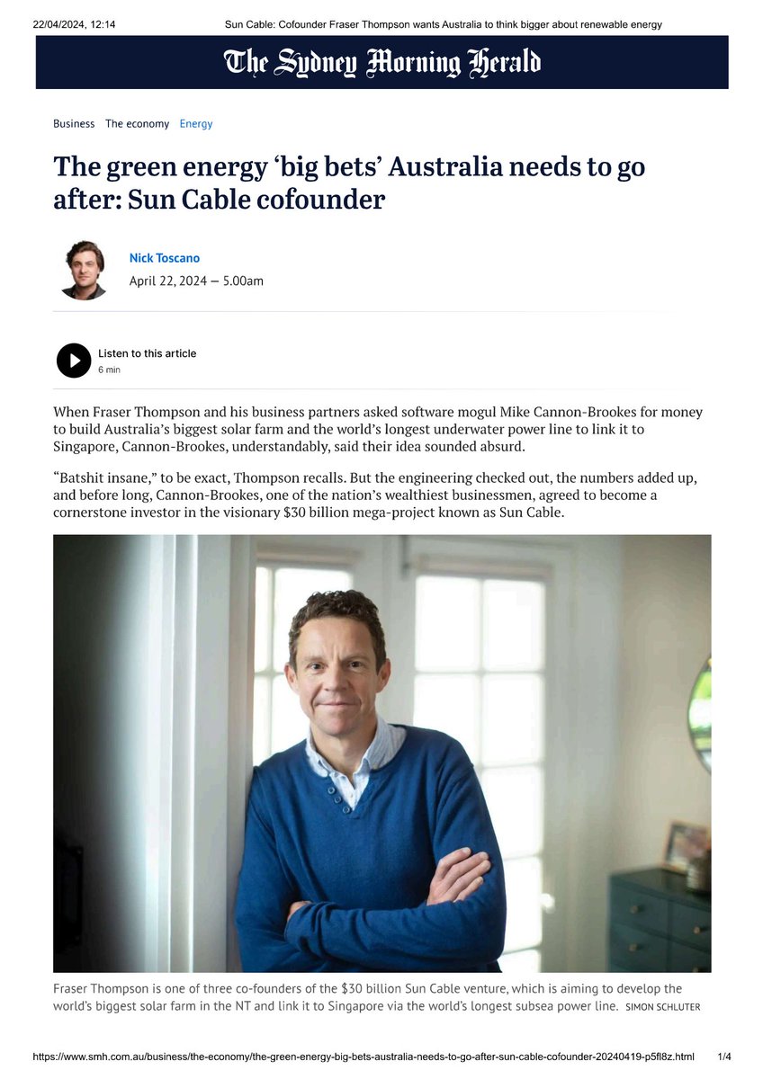 Cyan Ventures (@cyanventures) on Twitter photo Our co-founder <a href="/fraserkthompson/">Fraser Thompson</a> spoke with <a href="/NickToscano1/">Nick Toscano</a> from the <a href="/theage/">The Age</a> & <a href="/smh/">The Sydney Morning Herald</a> about Cyan Ventures, describing the green energy 'big bets' Australia needs to go after.
See more in the link below:
theage.com.au/business/the-e… Our co-founder <a href="/fraserkthompson/">Fraser Thompson</a> spoke with <a href="/NickToscano1/">Nick Toscano</a> from the <a href="/theage/">The Age</a> & <a href="/smh/">The Sydney Morning Herald</a> about Cyan Ventures, describing the green energy 'big bets' Australia needs to go after.
See more in the link below:
theage.com.au/business/the-e…