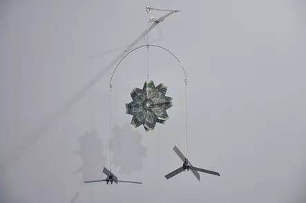 Abdullah M. I. Syed (Pakistani, b. 1974). Twinkle Twinkle Little Drone - III (2016, altered toy mobile, banknotes, stainless steel, plastic and metal).