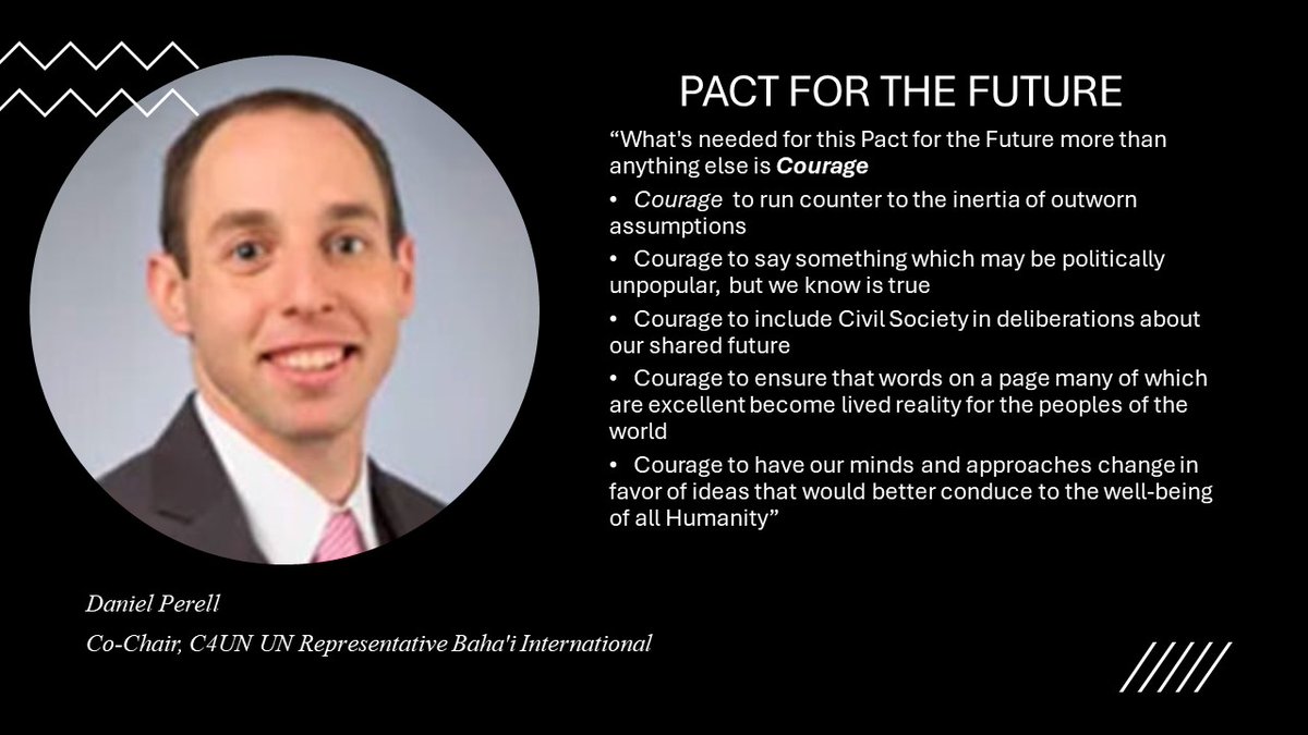 On 17 April 2024 the Co-facilitators of the preparatory process of the #SummitoftheFuture, held virtual consultations with #CSOs on the zero draft of the Pact for the Future. Here is an excerpt from @DanielPerell, of @BahaiBIC , co chair of @c4unwn