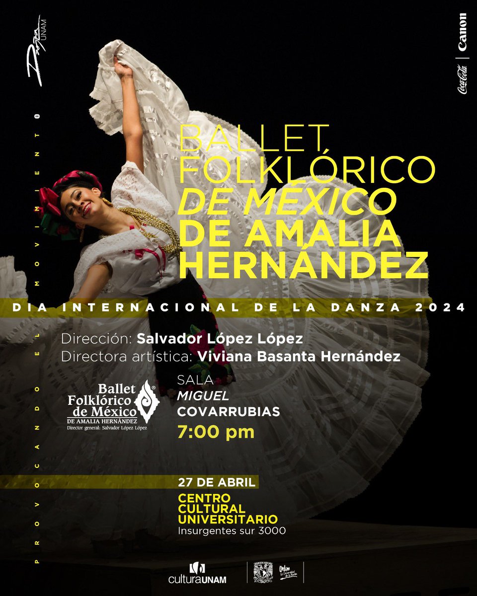 ¡@CulturaUNAM y el Ballet Folklorico de México te invitan a celebrar el Día internacional de la Danza! Acompáñanos a la función gratuita este 27 de abril a las 19:00 hrs en el Centro Cultural Universitario, sala Miguel Covarrubias. #cultura #danza #unam #ballet #mexico #did